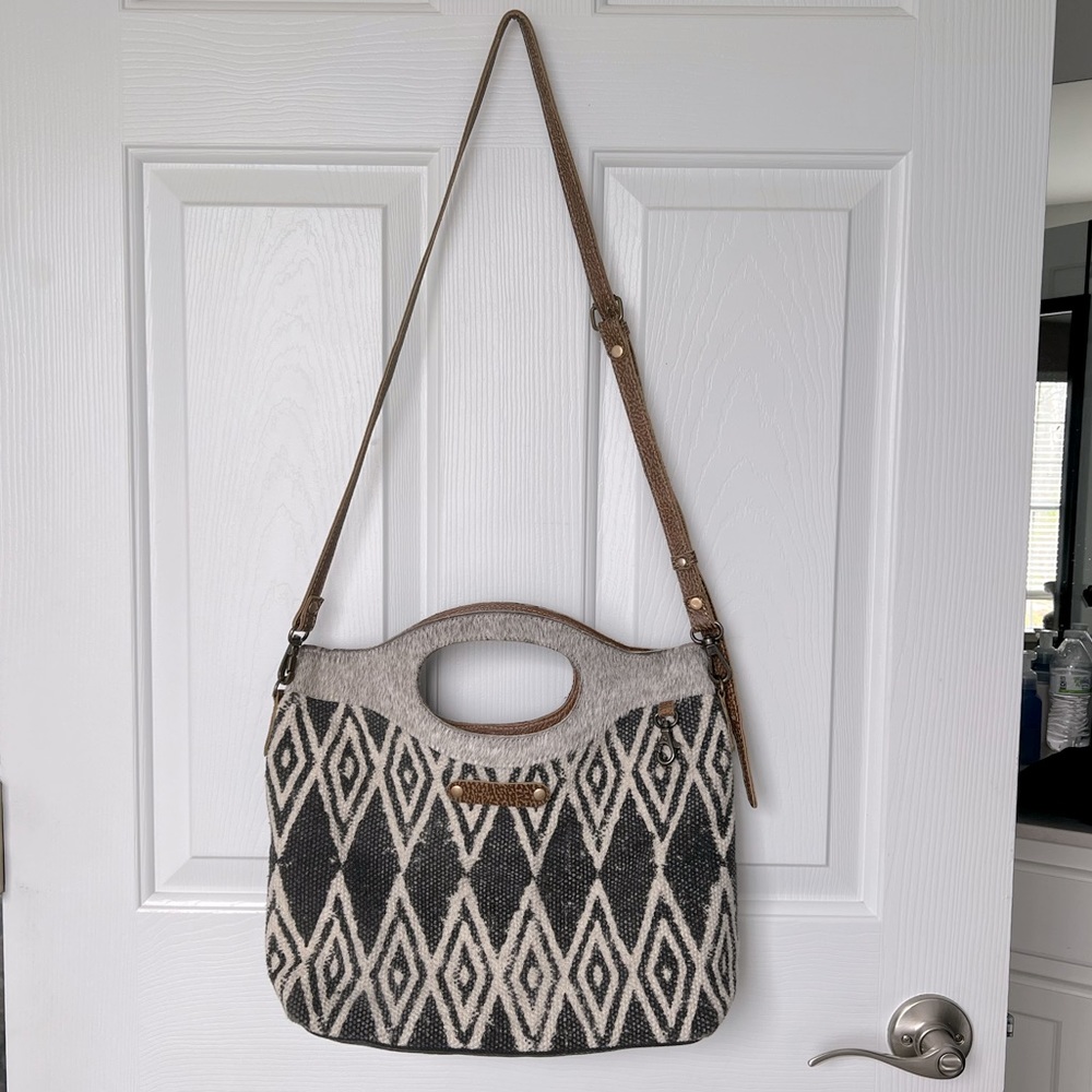 Myra Bag Black and Cream Geometric Crossbody Bag with Leather Strap
